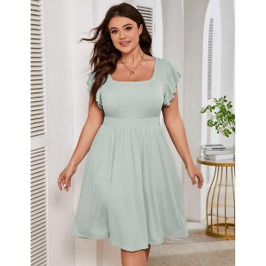 YESFASHION Plus Size Women Casual Midi Dress Short Ruffle Sleeves High Waist Summer Dress with Pockets - 1 of 4