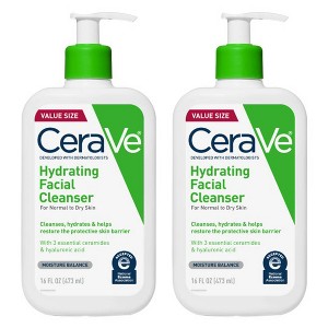 CeraVe 2 Pack/16fl oz Each Hydrating Face Wash with Hyaluronic Acid and Glycerin for Normal to Dry Skin - 1 of 4