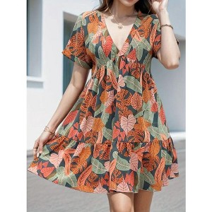 Womens Summer Dress V Neck Short Sleeve Dress Beach Dress for Women - 1 of 4