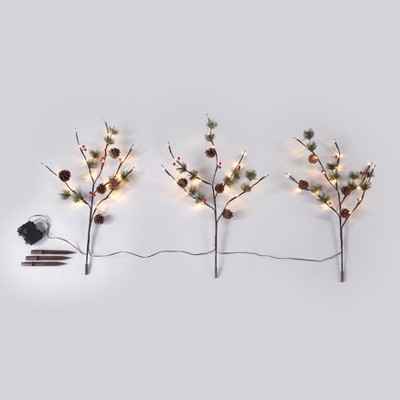 Lakeside Lighted Pine Tree Branch Garden Stakes with Pine Cone Appliques - 3 Pieces