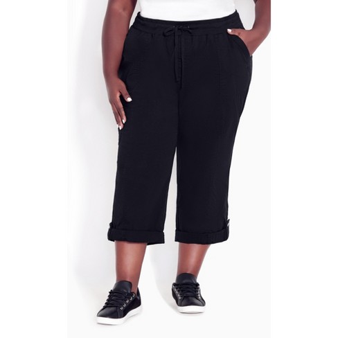 Plus Size Black Cotton Cinch Capri