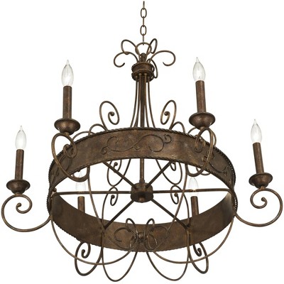 Rustic Bronze Scrollwork Chandelier with Candle Sleeves, 30" Wide