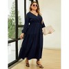 Women Plus Size V Neck Wrap Maxi Dress High Waist Ruffle Summer Casual Dress with Belt Long Sleeve,navy blue yellow flower - 3 of 4