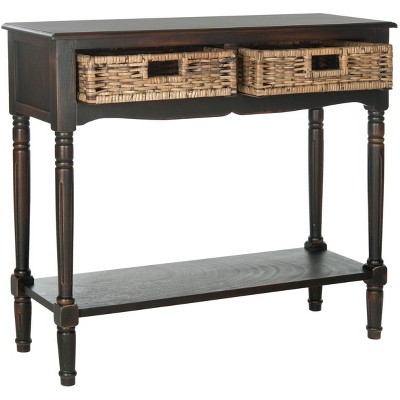 Transitional Brown Pine Console Table with Rattan Drawers