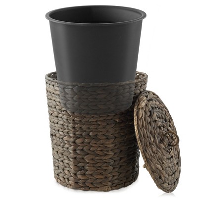 Espresso Water Hyacinth Woven Bathroom Trash Can with Lid