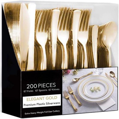 Attop Gold Plastic Silverware Set (200-Pack) – Disposable Heavy Duty Cutlery, 67 Forks, 67 Knives, 67 Spoons