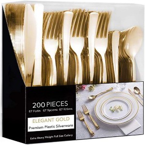 Attop Gold Plastic Silverware Set (200-Pack) – Disposable Heavy Duty Cutlery, 67 Forks, 67 Knives, 67 Spoons - 1 of 4
