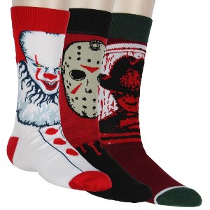 Horror Movie Men's Pennywise Jason Freddy 3 Pack Crew Socks Shoe Size 6-12 - 1 of 4