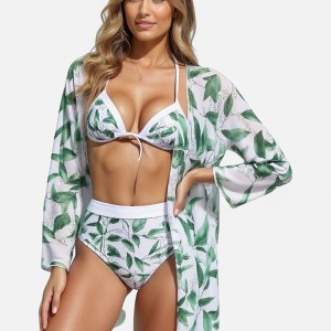 Anna-Kaci Swim Women's 3 Piece Floral Print Swimsuit Set with High Waist Bikini Bottoms Tie Front Top and Cover Up - 1 of 4