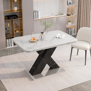 Gulches Modern Stretchable Rectangle Dining Table Printed White Marble MDF Top Black X Shape Legs Metal Base 220 LBS Load Bearing - 1 of 4