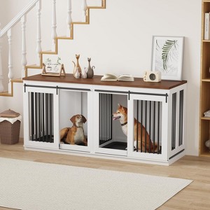 Large Dog Crate Furniture, 71" Wooden Dog Kennel for 2 Dogs, Heavy Duty Furniture Style Dog House with Divider & 2 Trays - 1 of 4