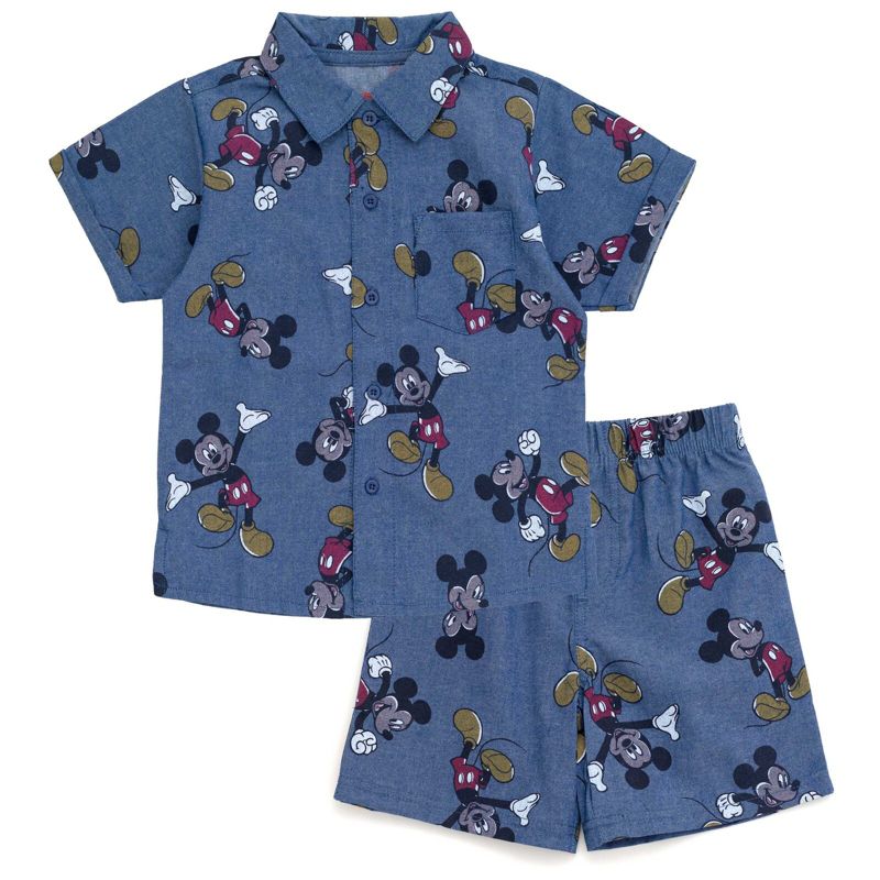 Disney Mickey Mouse Baby Chambray Hawaiian Button Down Shirt and Shorts Outfit Set Infant to Little Kid, 1 of 7