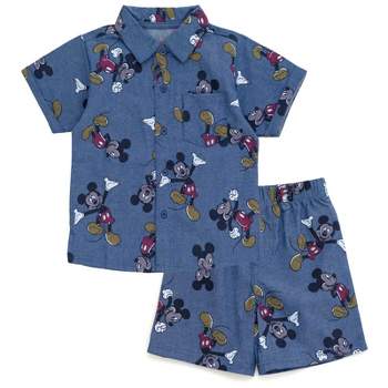 Disney Mickey Mouse Baby Chambray Hawaiian Button Down Shirt and Shorts Outfit Set Infant to Little Kid
