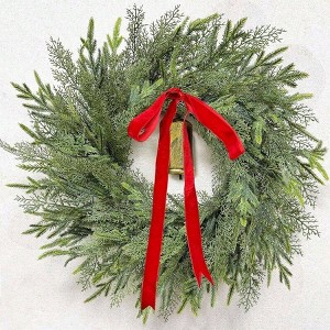 24 inch large wreaths front door thick outdoor with norfolk pine cypress branches gold cow bell red bow soft artificialxmas wreath home - 1 of 4