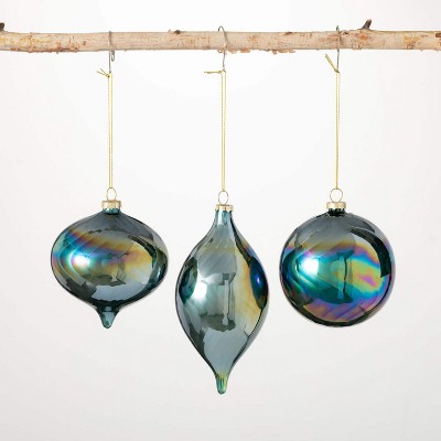 Iridescent Blue Ornament Blue 4.5"H Glass Set of 3