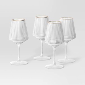 16.9oz 4pk Ribbed Stemmed Wine Glasses Gold - Threshold™: Modern Glass Drinkware Set, Hand Wash, Cold Beverages - 1 of 4
