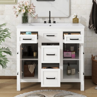 Whisen 36 in. Bathroom Storage Cabinet Bathroom Vanity with Resin Integrated Sink, 4 Drawers and 2 Doors