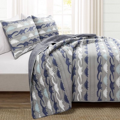 Navy and Gray Dinosaur Reversible Twin Microfiber Quilt Set