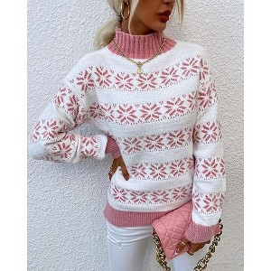 Coolmee Women's Ugly Christmas Sweater Xmas Snowflake Turtleneck Long Sleeve Knitted Pullover Holiday Party Knitwear - 1 of 4