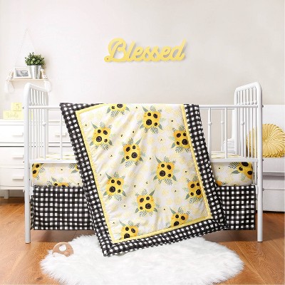 The Peanutshell Sunflower Floral Baby Crib Bedding Set - Black/Yellow - 3pc