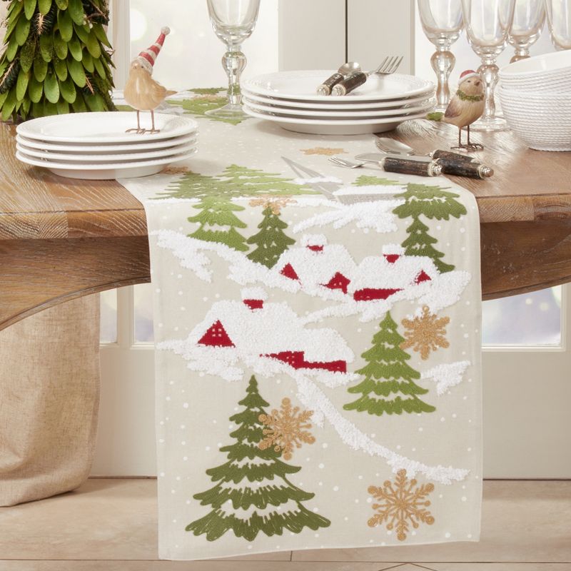 Saro Lifestyle Embroidered Christmas Mountain Runner, Natural, 16" x 70", 3 of 4
