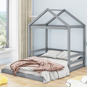 Wood Full House Bed, Guardrail - Grey - 1 of 3
