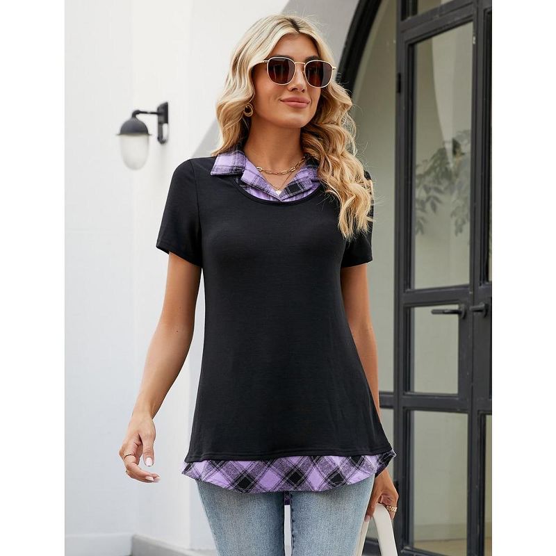Women's Short Sleeve V-Neck Contrast Collared Shirts Patchwork Work Blouse Tunics Tops, 3 of 8