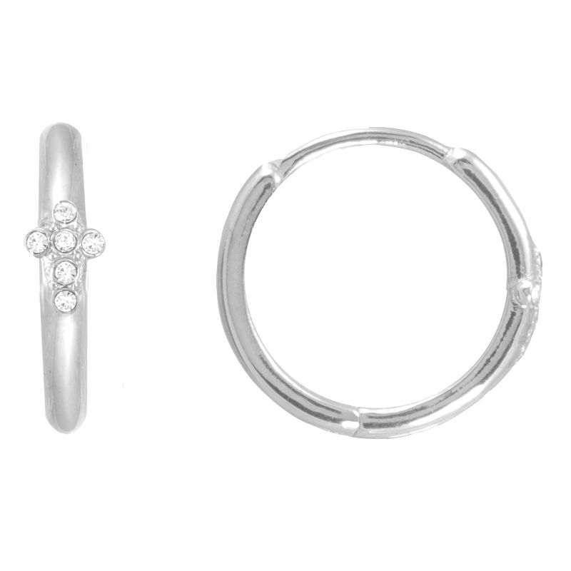 FAO Schwarz Sterling Silver Cross Hoop Earrings with Crystal Stone Accent, 2 of 4