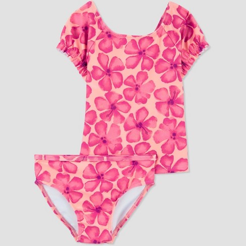 Girls Short Sleeve Rash Guard + Tankini Bikini Set (3 Piece) | Hibiscus”