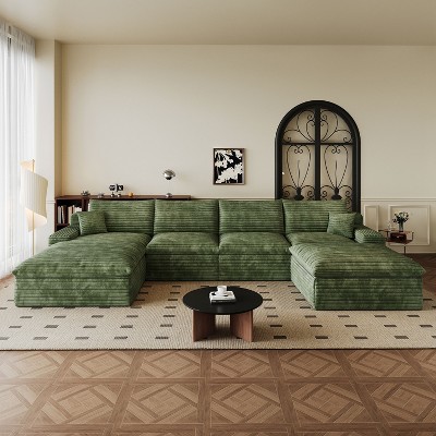 MAYEERTY 135" Modular Sofa Green - 135", Corduroy, Double-Layer, Detachable Cushions, No Assembly, for Conference Room