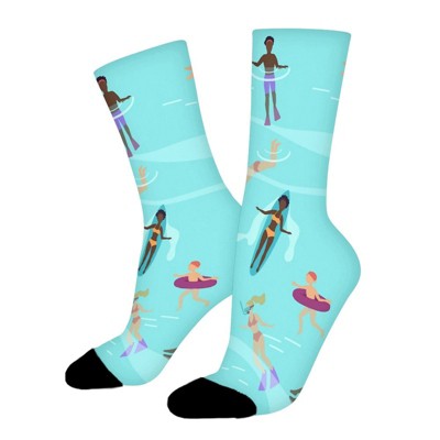 Flat Cartoon People In Sea Or Ocean Women Printed Crew Socks Funny Funky Socks Soft Polyester Novelty Gifts for Artists Men