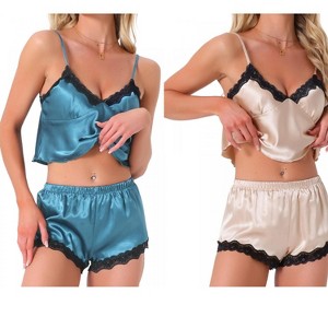 INSPIRE CHIC Women's 4 Pcs Loungewear Satin Lace Sleeveless Spaghetti-Strap Removable Pad Cami & Shorts Pajama Set - 1 of 4