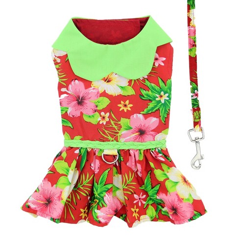 Hawaiian Red Hibiscus Designer Dog Dress with Matching Leash