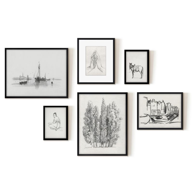 Americanflat 6 Piece Vintage Gallery Wall Art Set - Cypress Tree, Moored Sailboats Ii, Amsterdam Sketch I, Hand Study by Maple + Oak, 1 of 6