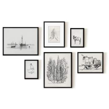 Americanflat 6 Piece Vintage Gallery Wall Art Set - Cypress Tree, Moored Sailboats Ii, Amsterdam Sketch I, Hand Study by Maple + Oak