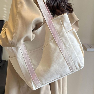 FATMOON Canvas Tote Bag with 3External Pockets, Multi-pockets Shoulder Bags for Women, Top Zipper Closure, Daily Handbag with Liner