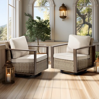 Beige Wicker and Steel Swivel Outdoor Lounge Chairs, Set of 2
