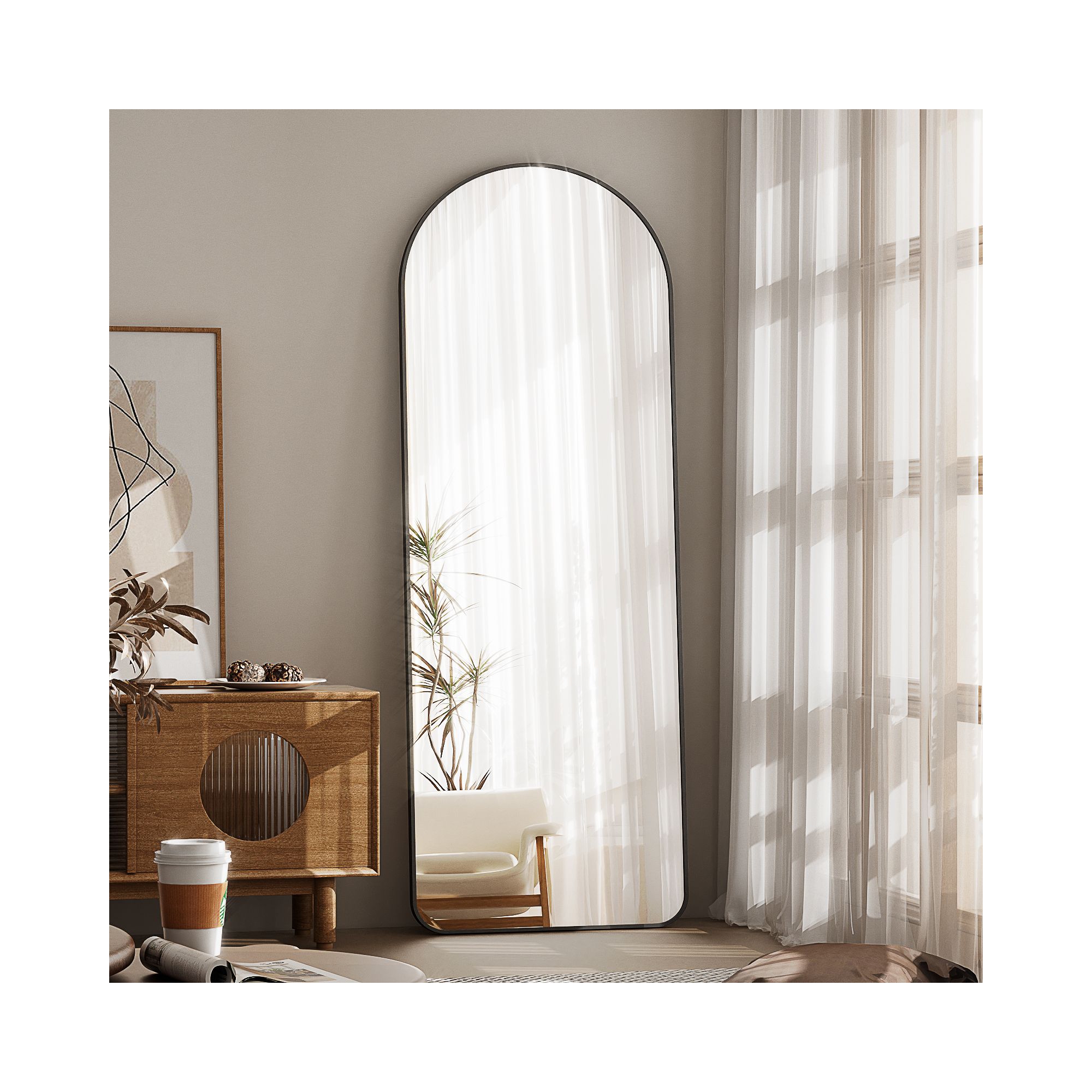 Arched Full Length Mirror - 65"x22" Floor Standing Dressing Mirror with Metal Frame for Bedroom or Living Room, Wall Mount or Stand Included