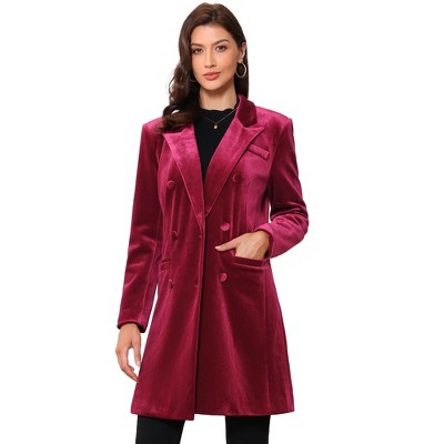 Allegra K Women's Velvet Lapel Double-Breasted Long Outerwear Winter Coats