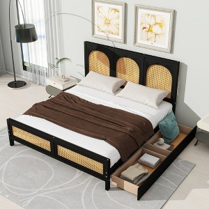 TIRAMISUBEST Queen Size Storage Platform Bed with 2 Drawers, Rattan Headboard and Footboard, Wooden Bed Frame with Slats Support - 1 of 4