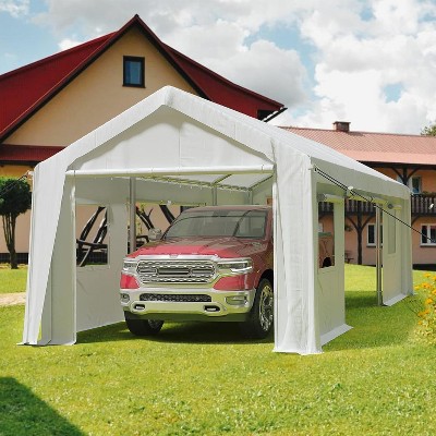 10x20FT Heavy-Duty Carport with Roll-Up Doors, Gray - 4 Doors & 4 Windows, Waterproof Canopy, Powder-Coated Steel Frame, Tool-Free Assembly