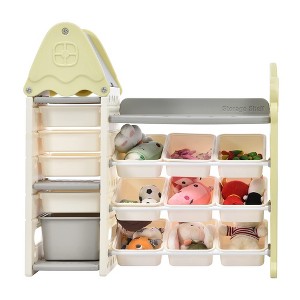 Multifunctional Toy Storage Cabinet With 14 Cubies, Kids Toy Organizer For Nursery Kids Toddler Room Playroom-Green/Grey - 1 of 4