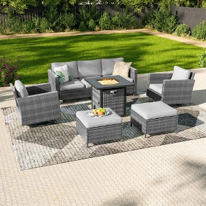Sonkuki 6-Piece Patio Sofa with Square Fire Pit Table and Swivel Rocking Chairs, Conversation Couch with Cushion - 1 of 4