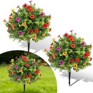 Set of 2 Artificial Boxwood Ball Topiary Trees with Flowers, Fake Outdoor Shrubs with Ground Spikes for Porch Garden Patio - 1 of 4