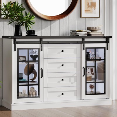 4 Drawers Storage Cabinet with 2 Sliding Glass Door & 6 Colors LED Light, Wood Dresser