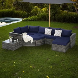 8-Piece Outdoor Patio Rattan Modular Sectional Sofa Set with Tempered Glass Coffee Table - 1 of 4