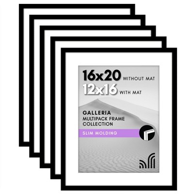 Americanflat 16x20 Picture Frame with Polished Plexiglass - Set of 5 - 12x16 with Mat or 16x20 Without Mat - Galleria - Picture Frames - Black