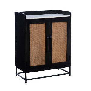 Gordon 2-Door 4 Shelf 1 Drawer Bar Cabinet Black Finish and Natural Cane - Powell: Midcentury, Marble Top, Wine Glass Racks - 1 of 4