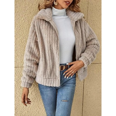 Womens Plush Fleece Zip Up Jacket Notched Lapel Cardigan Coat