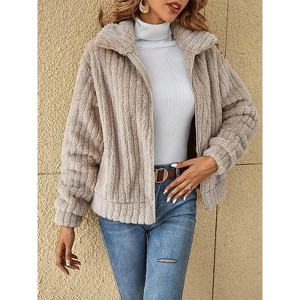 Womens Plush Fleece Zip Up Jacket Notched Lapel Cardigan Coat - 1 of 4